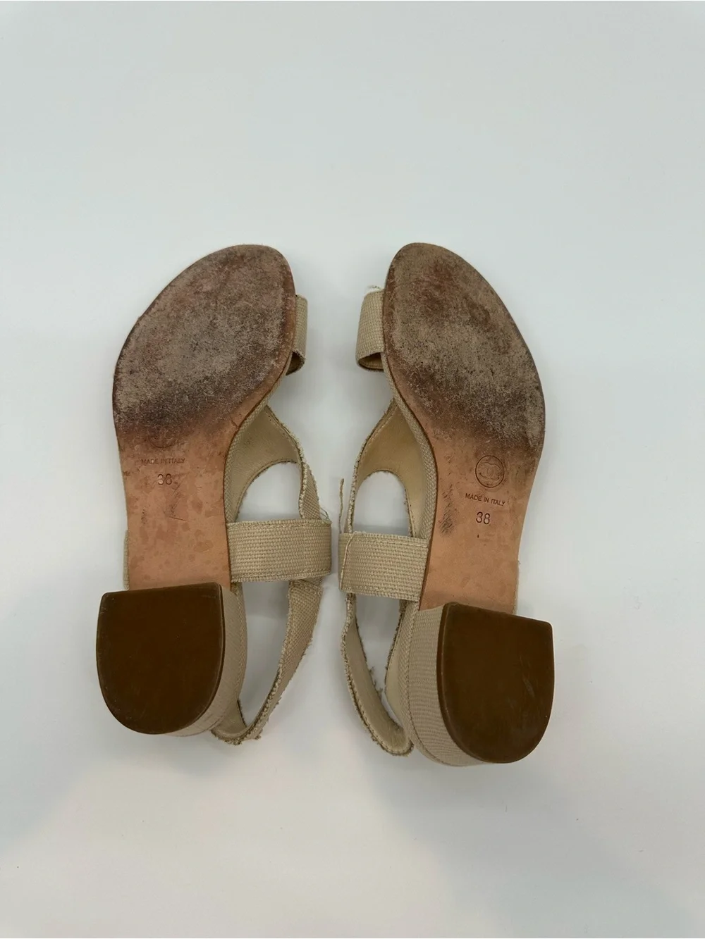 CHANEL Beige Canvas Slingback Sandals with Gold CC Accent. Authentic Vintage